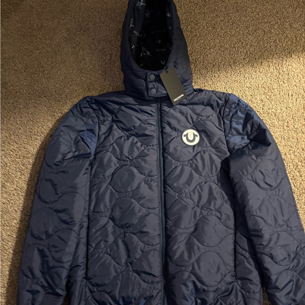 True Religion Dark Blue Quilted Jacket with Removable Hood